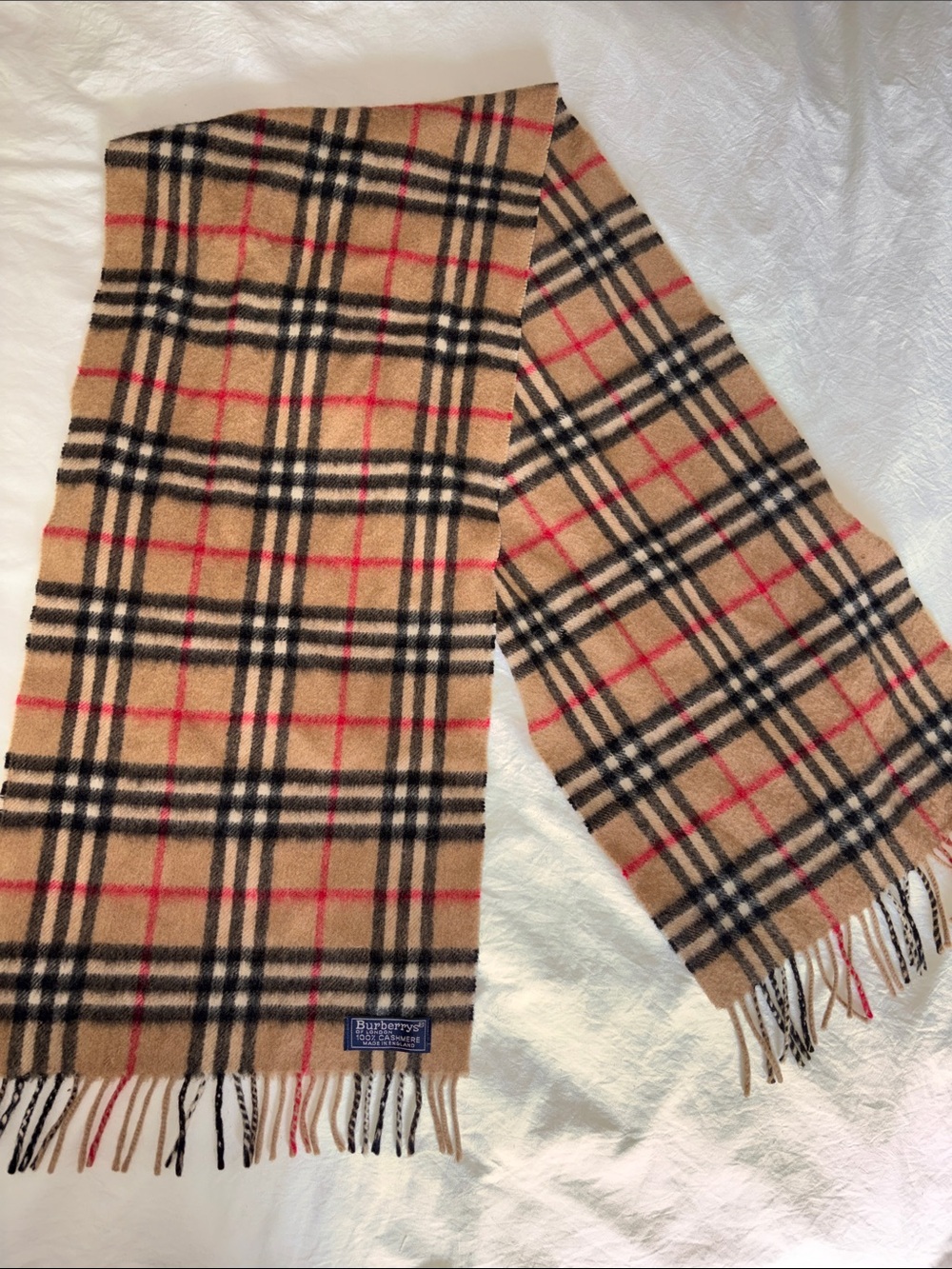 Burberry vintage Camel Check Cashmere Scarf with Black and Red Accents